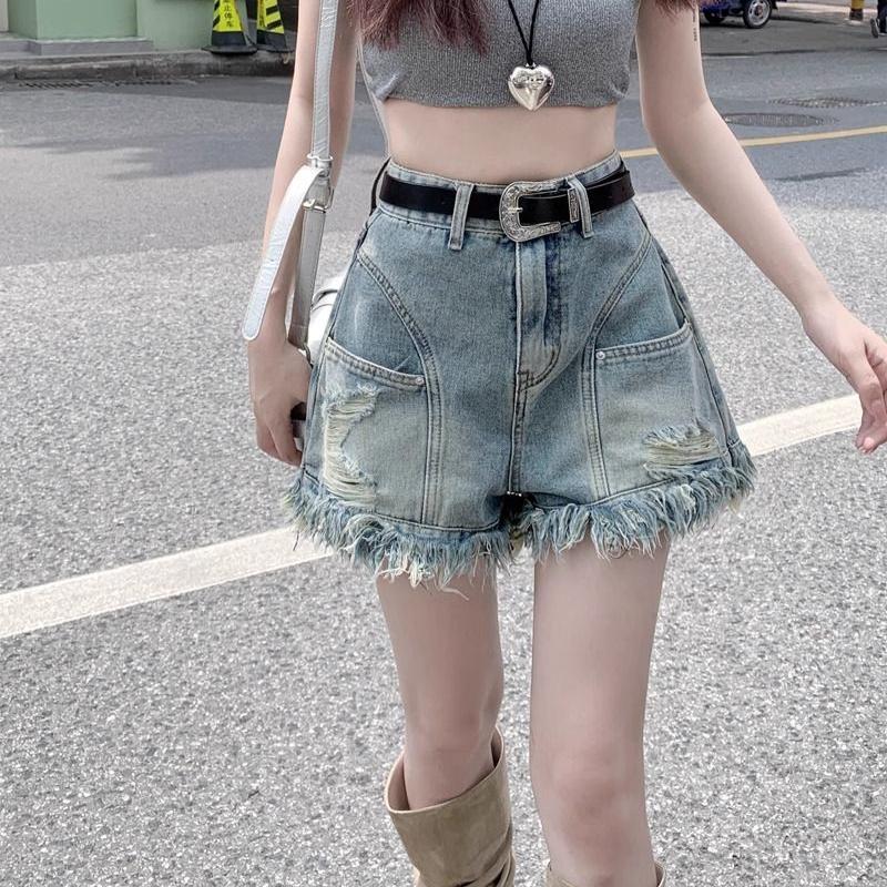 Vintage High Waisted Ripped Frayed Denim Shorts for Women Summer A Line Distressed American Retro Style