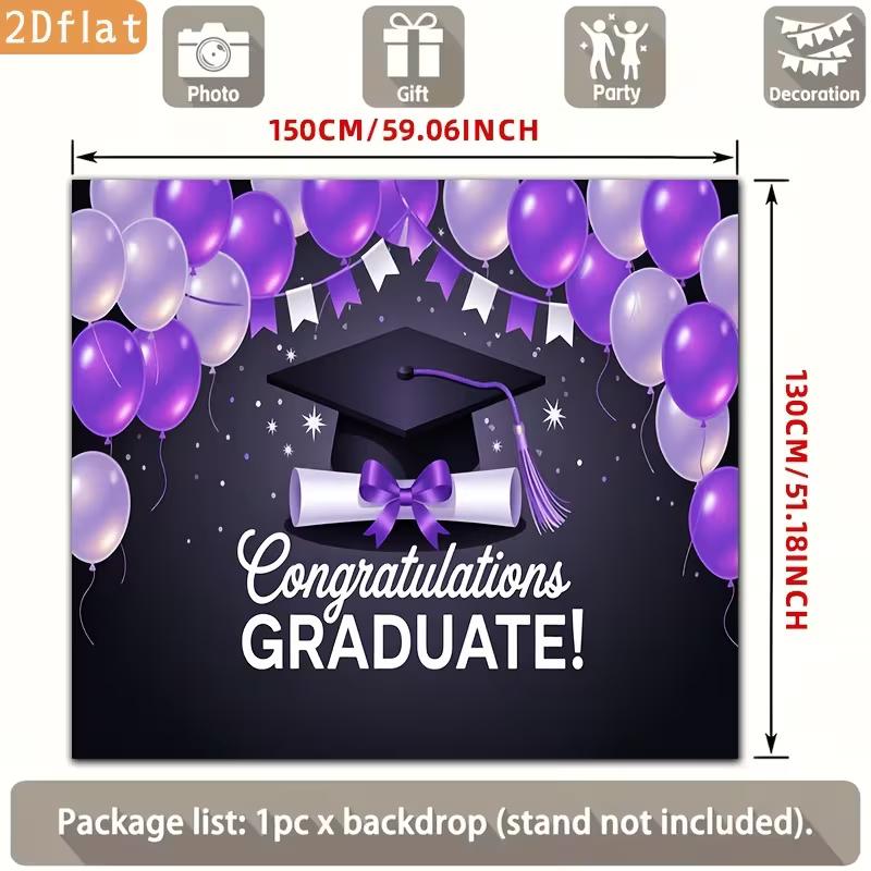 2D Graduation Photo Backdrop, Purple Black "Congratulations Graduate" Themed Party Background