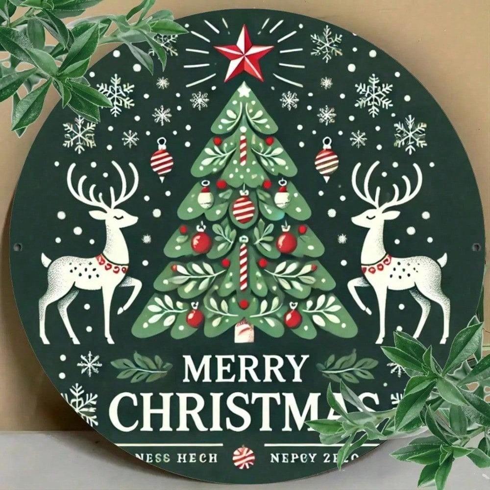 1pc Rustic Metal Wall Art Sign, 8x8 Inch Round Tin Reindeer Tree Print, Festive Kitchen Bar Home Decor