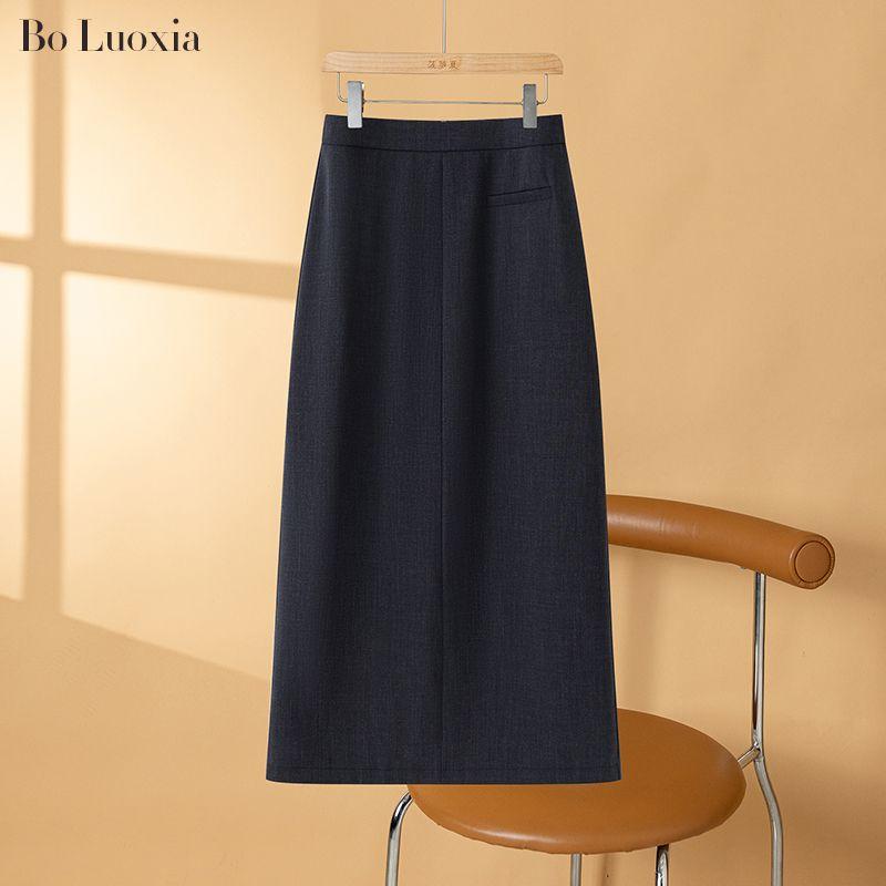 

Gray Skirt Women s Autumn 2025 New Arrival High Waist Mid Length Long Length Split Small A- line Sheath Suit Skirt Black Gray S