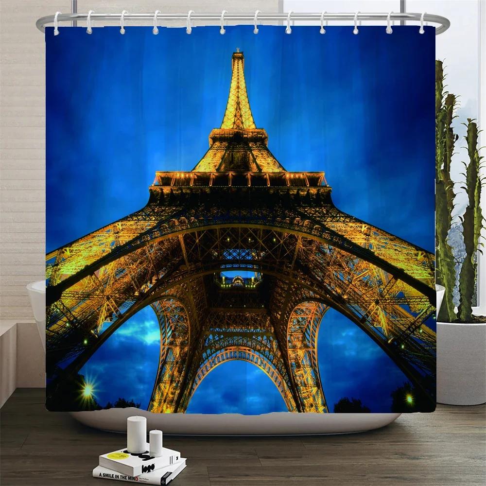 

Waterproof Shower Curtain Starry Paris Tower Scenery Washable Fabric Bathroom Polyester Bath Curtain With Hooks Decor Curtain W60H190(CM)-1 Pcs