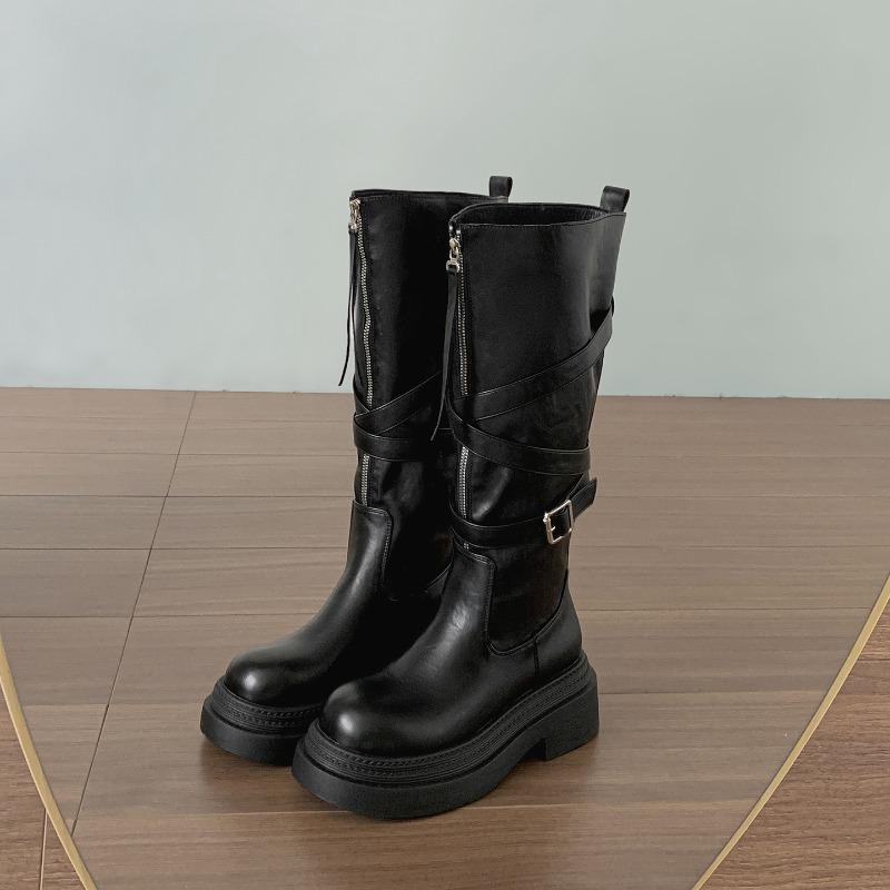 Winter Retro Platform Thick Sole Woman Knee High Top Fashion Belt Buckle Front Zipper Ladies Slim Knight Long Botas