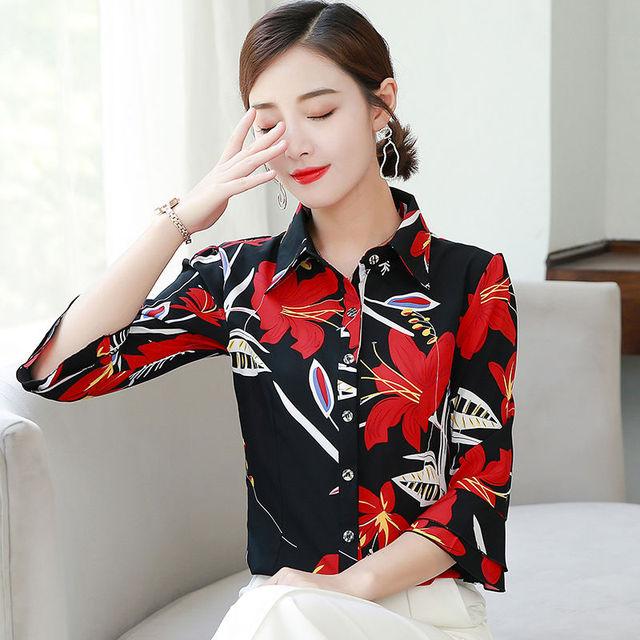 Koreanische Sommer Herbst Neue 3/4 Hülse Druck Hemd frauen Top Drehen Unten Kragen Flare Hülse Chiffon Bluse S-5XL