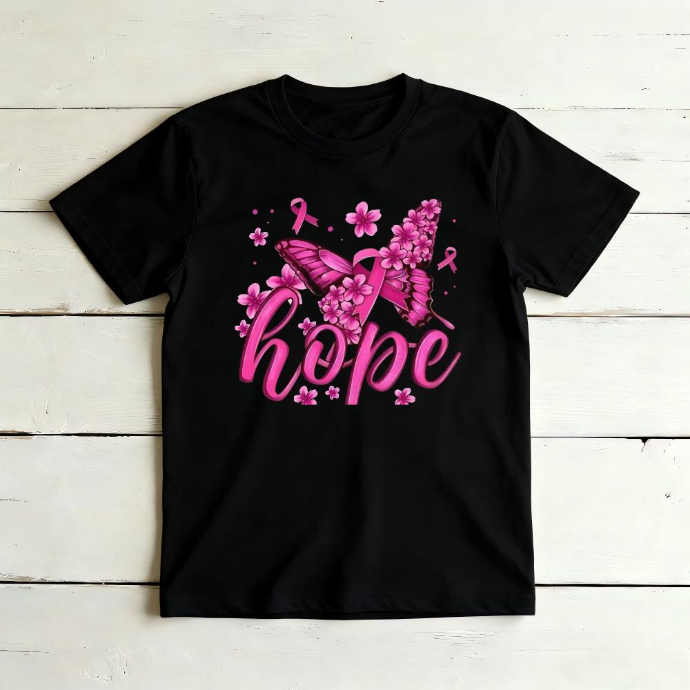 Hope Floral Butterfly Pink Ribbon Graphicunisex Summer Cotton T Shirt Breast Cancer Positive Short Sleeve Casual Top