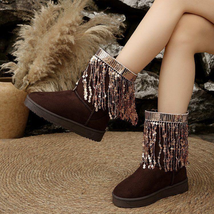 2025 Independent Station Foreign Trade New Round Head Suede Casual Women's Leather Boots Sleeve Fringed Boots Thick High School Heel Women's Shoes