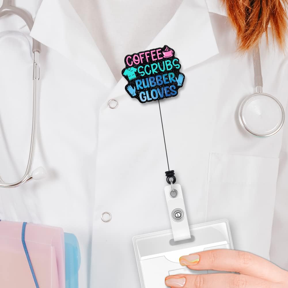 ERHACHAIJIA Coffee Scrubs Rubber Gloves Funny Retractable Badge Reel Gift for Nurse Doctor Medical Assistant Nursing Student (Black)