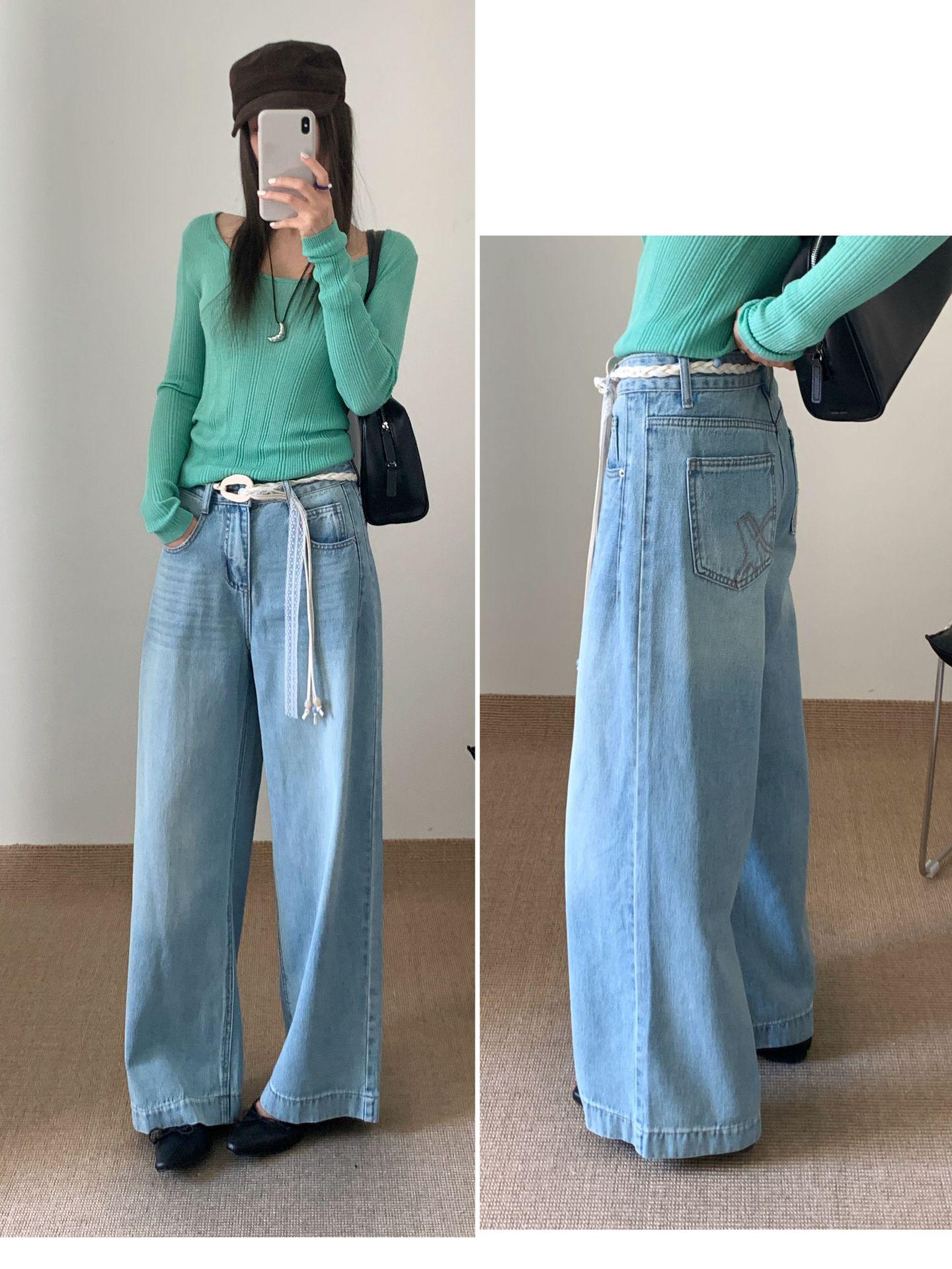 Spring  26 European Relaxed Straight Leg Embroidered Jeans with Waist Rope 30