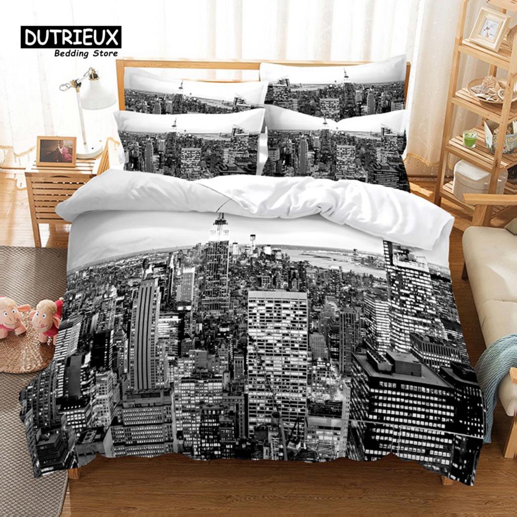 City Night Scene Bedding Set, 3Pcs Duvet Cover Set, Soft Comfortable Breathable Duvet Cover, For Bedroom Guest Room Decor