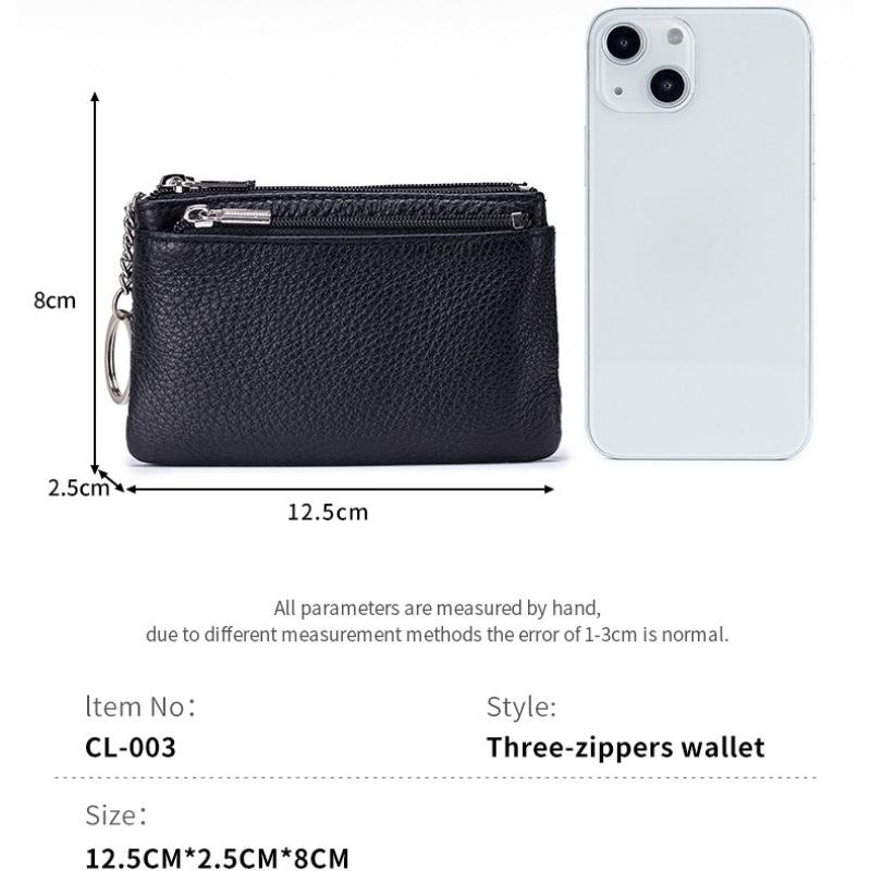 Fashion Women's Genuine Leather Coin Purses Mini Pouch Change Wallets 3 Zippered Change Pouch Wallet with Key Ring for Women