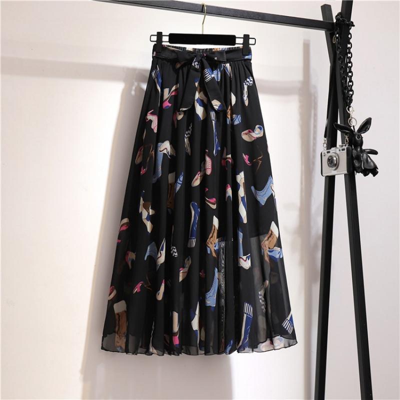 Spring and Summer New Bohemian Chiffon Skirt Mid-Length High Waist Fairy Floral Large Swing Skirt Beach Skirt