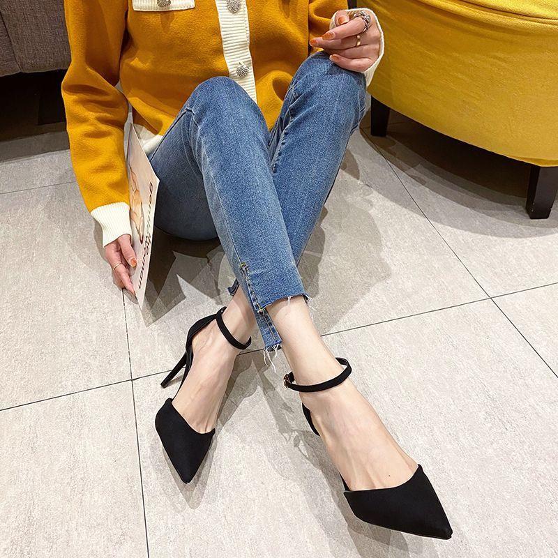 Versatile Fashion One-word Buckle Single Shoes 2025 New Spring and Autumn High Heels Women's Pointed Head Black Thin Heel Professional OL Women's Tide