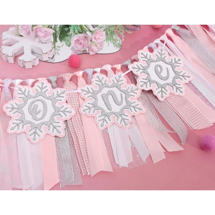 Pink Winter Onederland High Chair Banner – Winter Holiday 1st Birthday Decor, Pastel Pink and Silver Snowflake Highchair Tutu for Girl Cake Smash