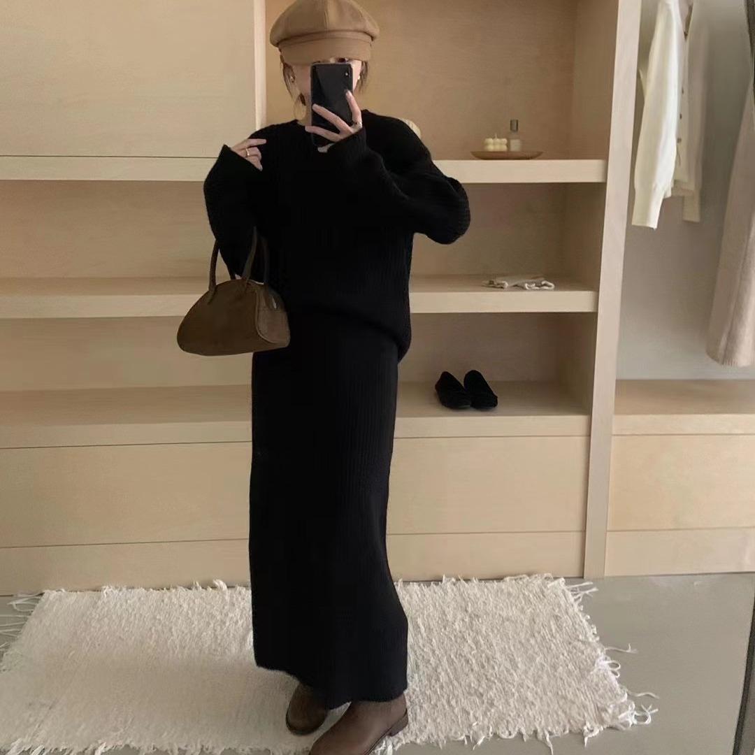 

Корейский стиль свитер костюм женский осень и зима свободный ленивый стиль модный свитер топ + длинная юбка костюм из двух частей one size чёрный