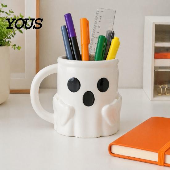 Halloween Party Geschirr Eisbecher mit Löffelhalter, 3D-gedruckter süßer Geisterbecher, Geformter Kaffeebecher Stiftehalter Dekoration, Weihnachten Geburtstag