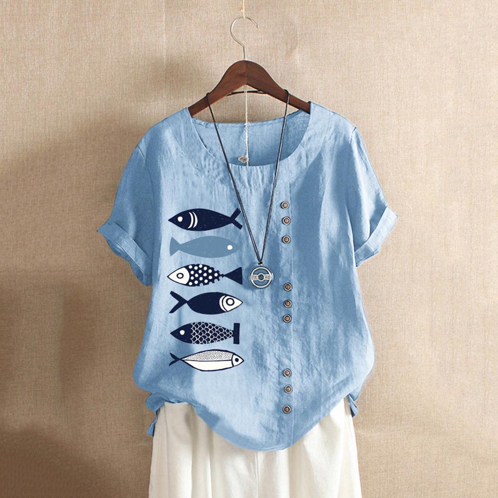 Women Casual Plus Size Printed Loose Button Tunic Shirt Blouse Tops XXXL