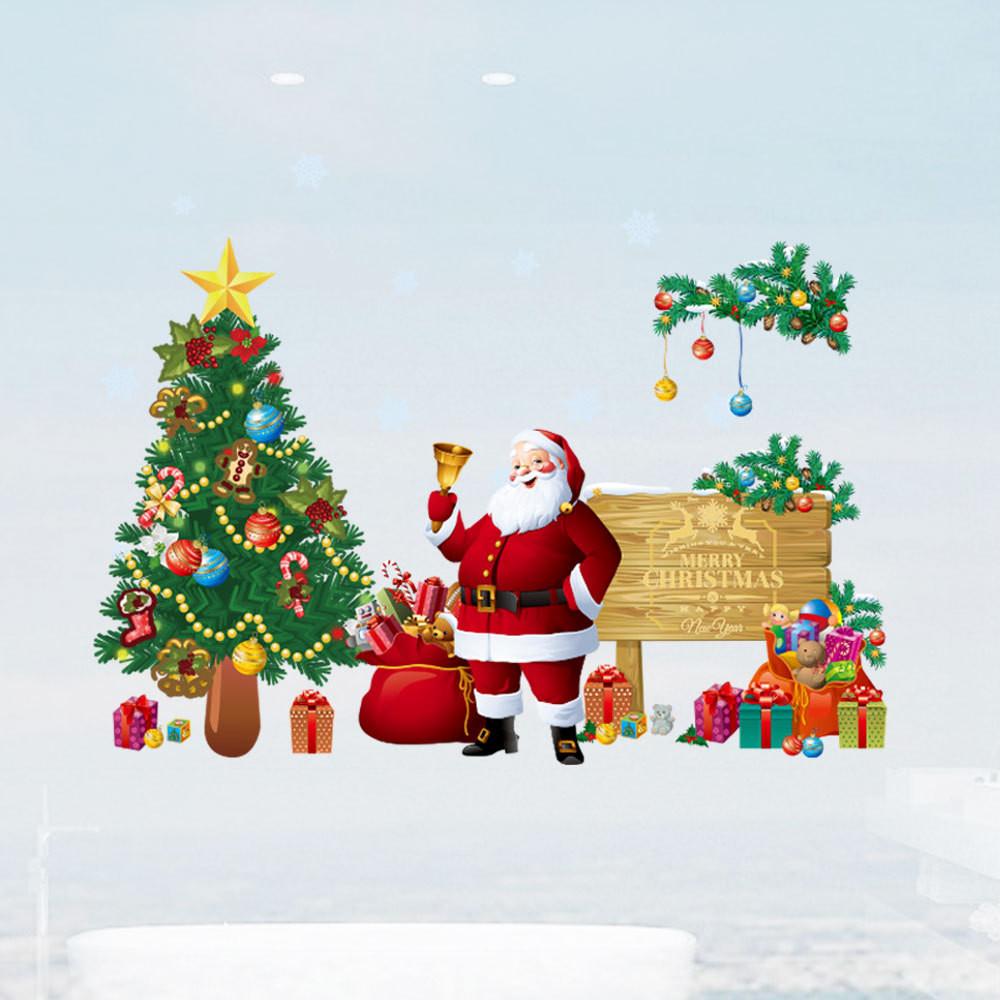 Holiday Wall Decor Pvc Removable Christmas Santa And Tree Wall Sticker For Living Room And Porch