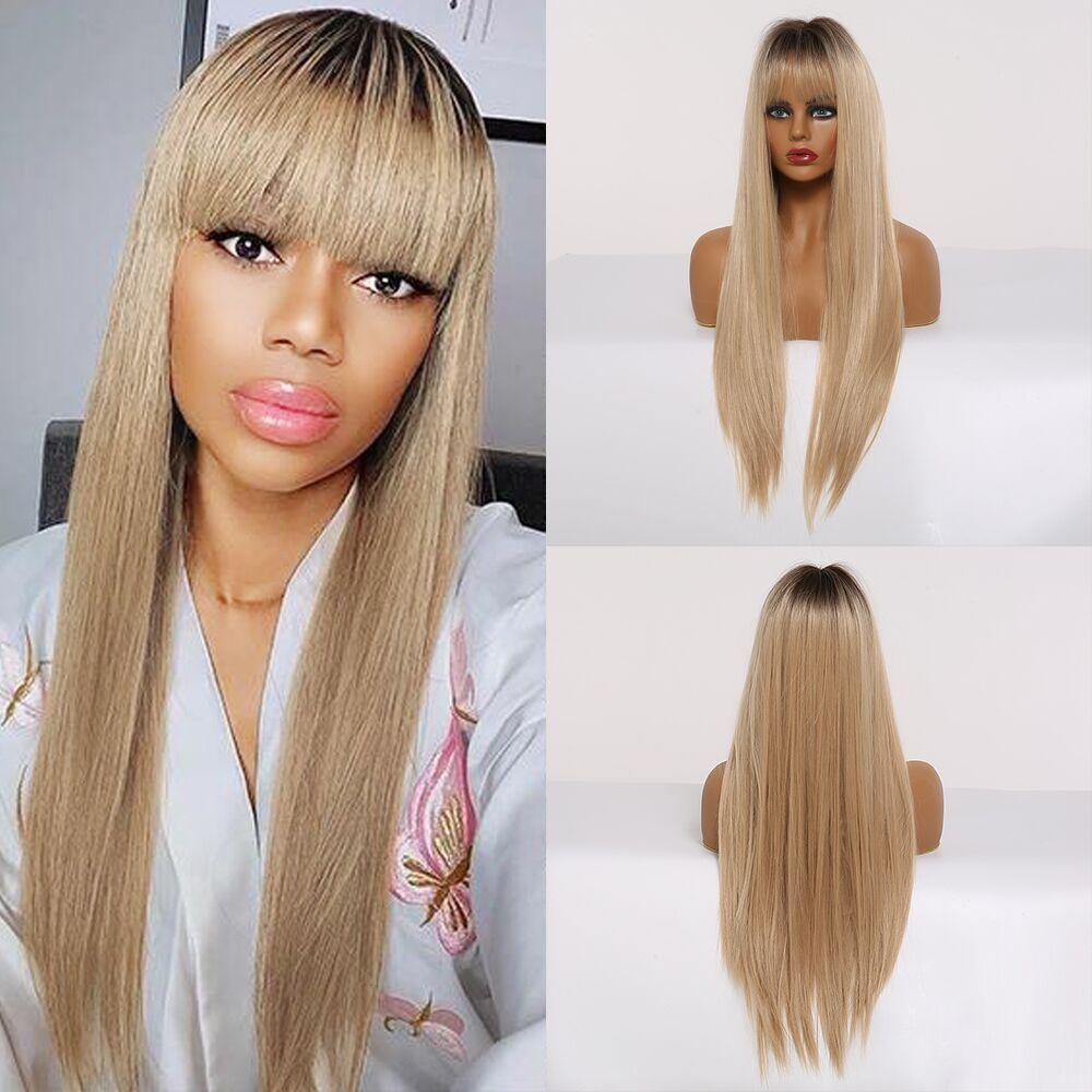 BLONDE UNICORN Synthetic Long Straight Brown Blonde Wig with Highlight Cosplay Halloween Wigs for Women Heat Resistant Fiber
