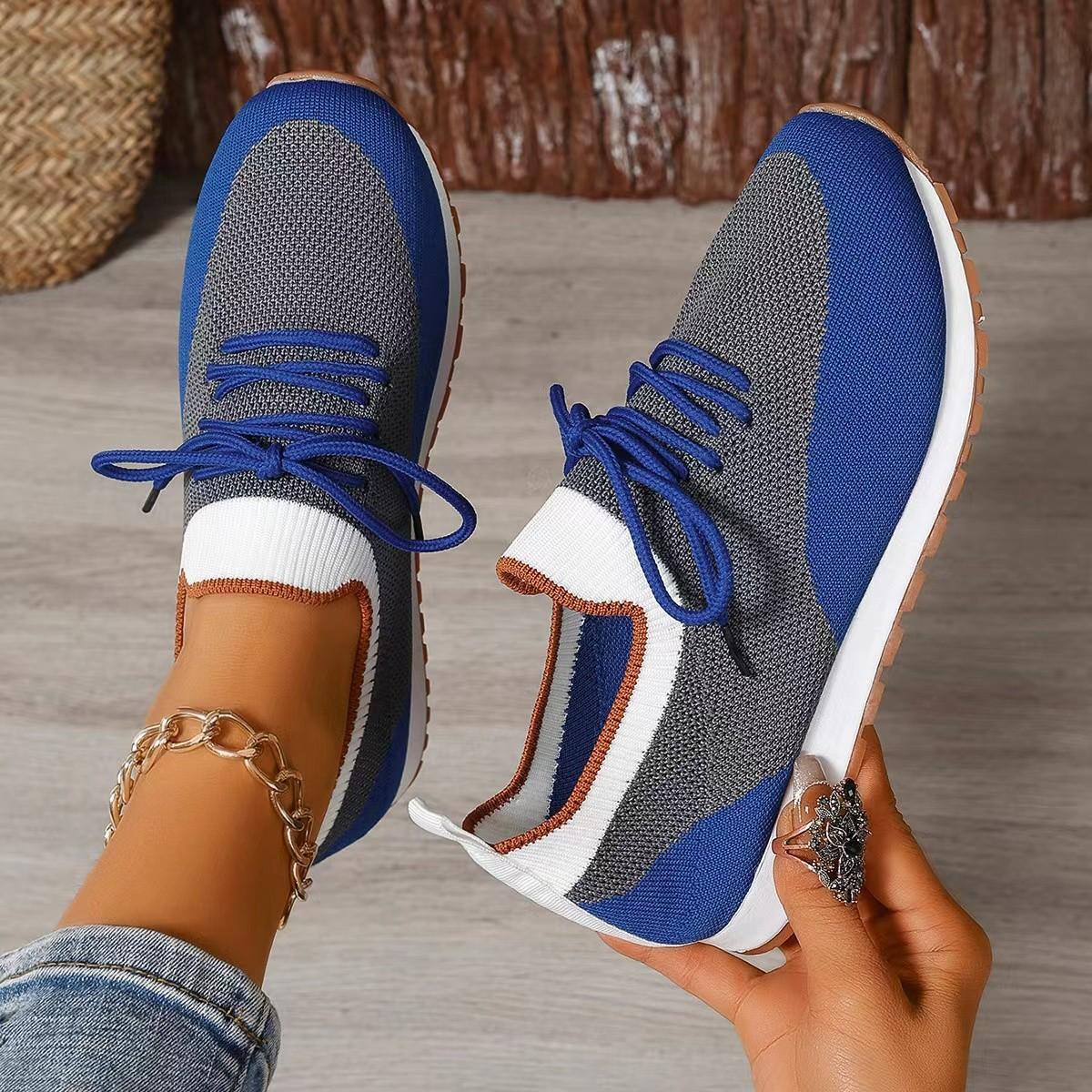 

2025 summer new mesh fly-woven single shoes women s round head thick sole color matching lace-up sports and leisure shoes large size 43 синий