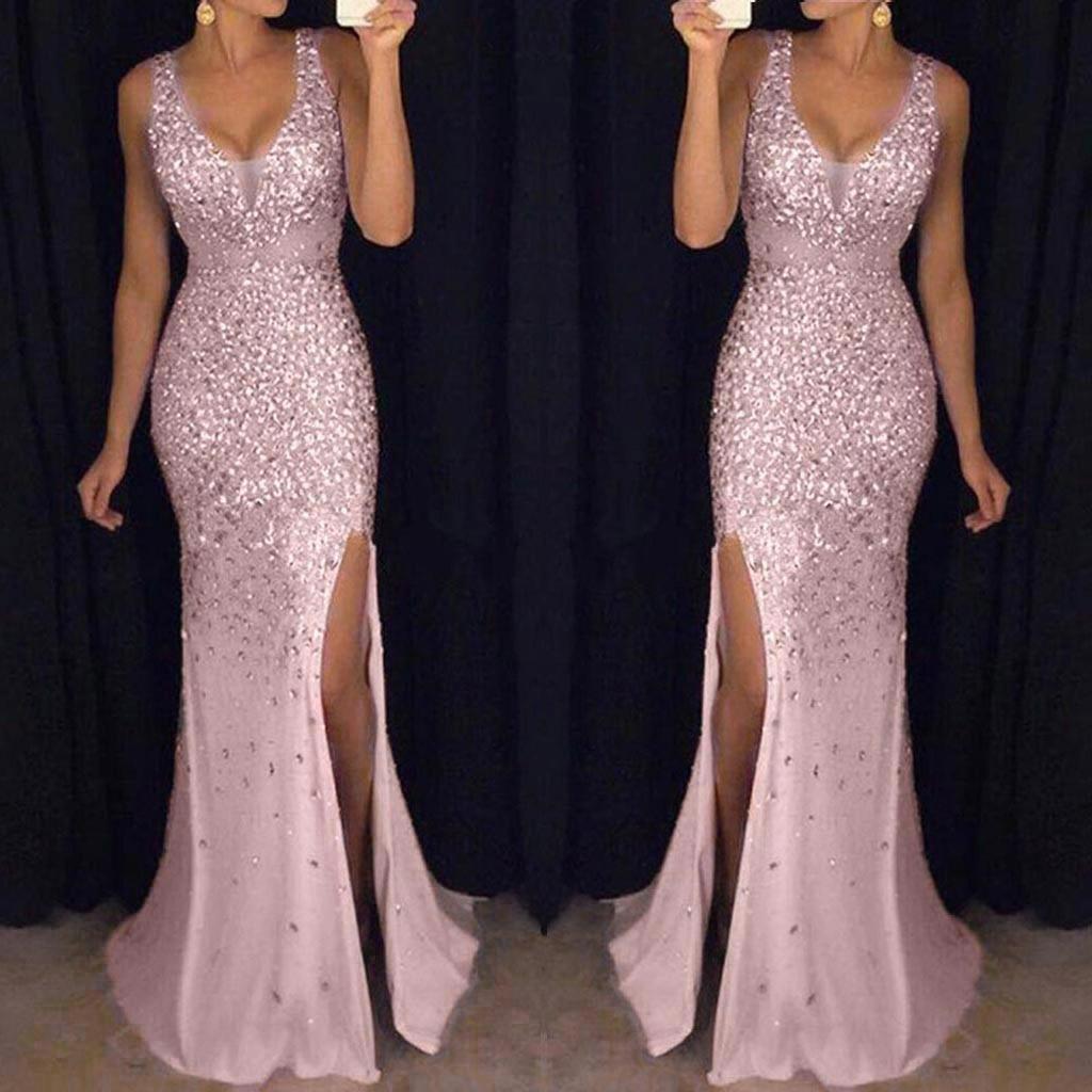 Kleid mit hohem Schlitz Damen Pailletten Abschlussball Party Elegant Dame Rückenfrei Sexy Kleid Damen Gold Elegant Brautjungfer V-Ausschnitt Langes Kleid