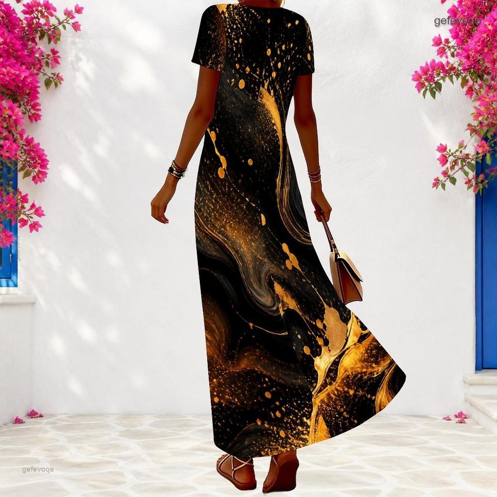 Women Plus Size V Neck Short Sleeve Rainbow Tie Dye Printed Long Dress