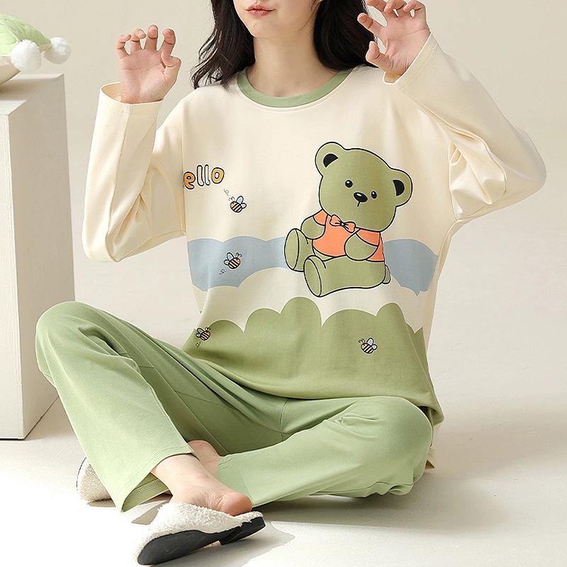 Pigiama Donna Set Pantaloni a Manica Lunga Comodo Semplice Ampio Carino Dolce Cartone Animato Orso Abbigliamento per la Casa Fuori Abbigliamento da Notte Vestiti per Ragazza