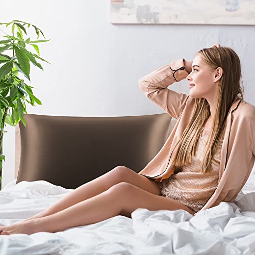 PiccoCasa Silk Pillowcase, 100% Silk, 19 Momme, Zippered, Moisture-Wicking, Glossy, Smooth, Double-Sided, Brown, 40x80cm