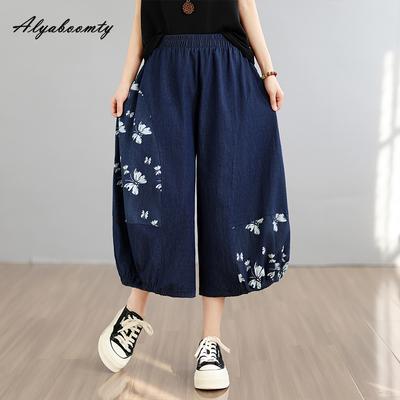 Plus Size Spring Summer Women Wide Leg Jeans High Waist Butterfly Print Baggy Casual Loose Denim Capris Vintage Classical Large Size Jeans
