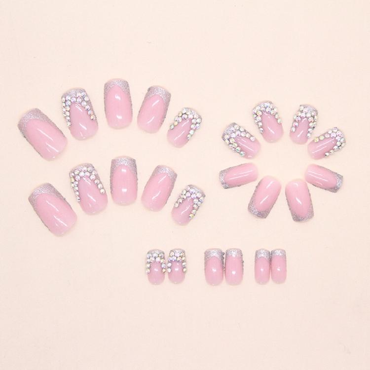 24 Pcs Rhinestones Acrylic Nail Square Full Cover Stick On Nail French Tip Press On Nail Simple False Nail