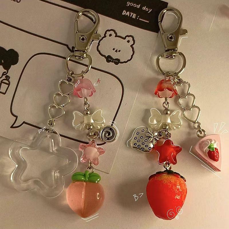 Strawberry and Peach Matching Keychain Bow Cake Star Pendant Charms Backpack Decoration Handmade Jewelry Accessories
