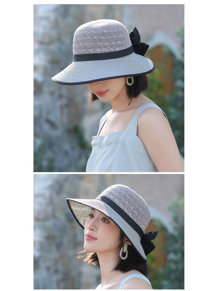 Women's Korean Style Knitted Straw Sun Hat with Large Brim and Bow
