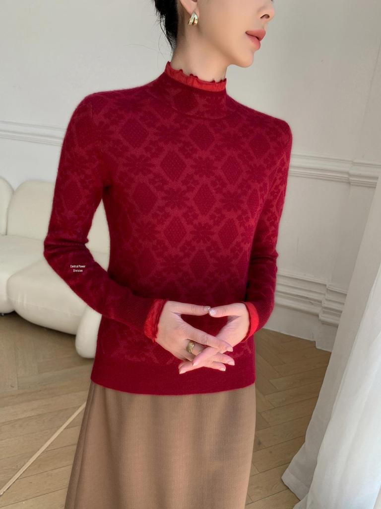 High-End Women's Cashmere Knit Lace Top - Long Sleeve, Half High Collar, Mesh Base Layer for Spring & Autumn