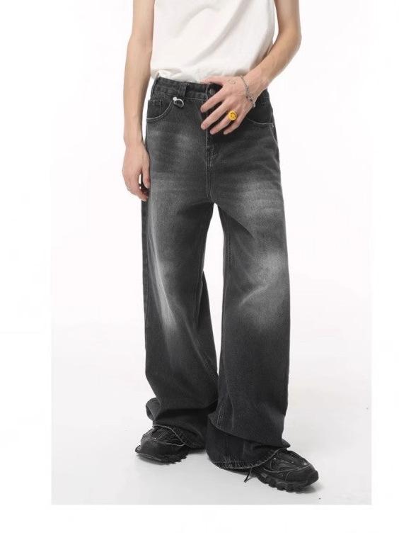 Men's Vintage Washed Wide-Leg Jeans: Retro Straight, Loose Drape, Floor-Length, Spring/Autumn 2025.