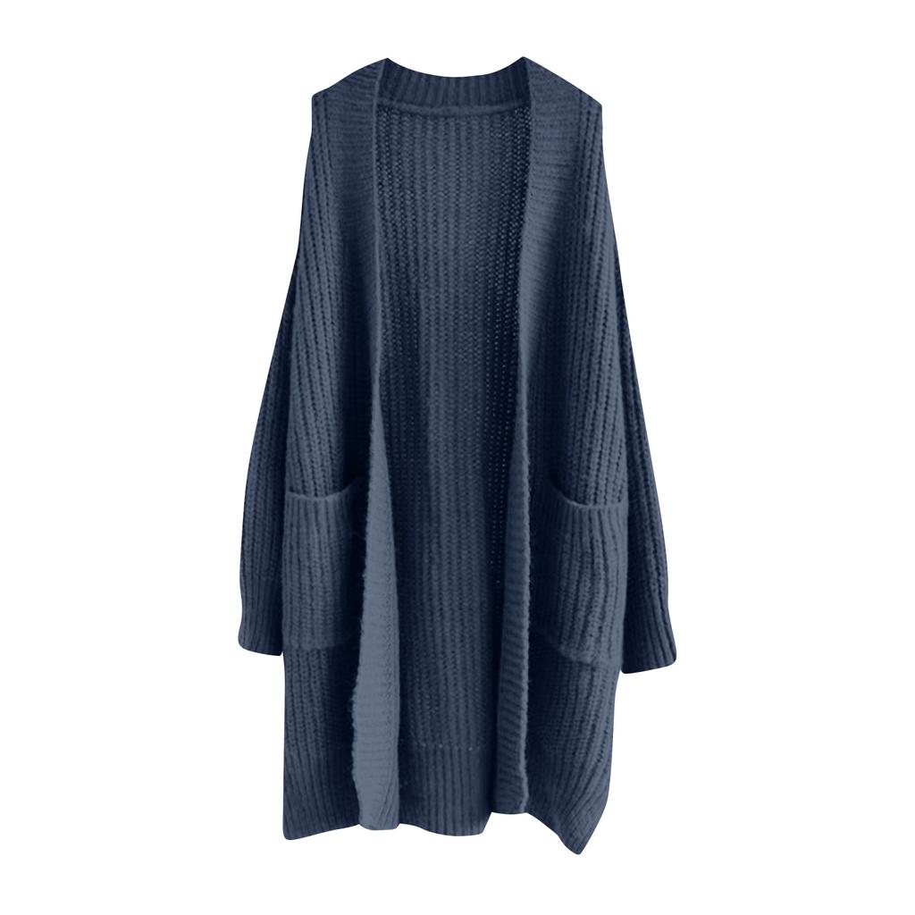Women's Solid Color Long Sleeved Knee Length Knitted Cardigan, Lazy Trend, Medium Long Hair Jacket