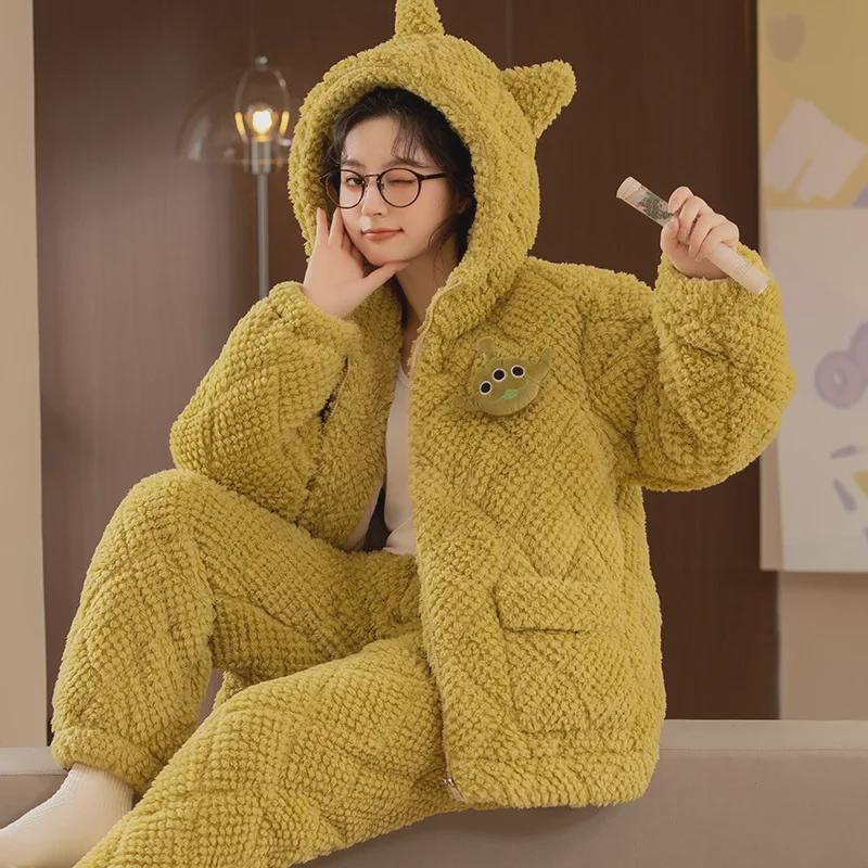 Women's Winter Pajama Set - Three-Layer Quilted, Thick Velvety Coral Fleece, Warm & Cute Bear Design