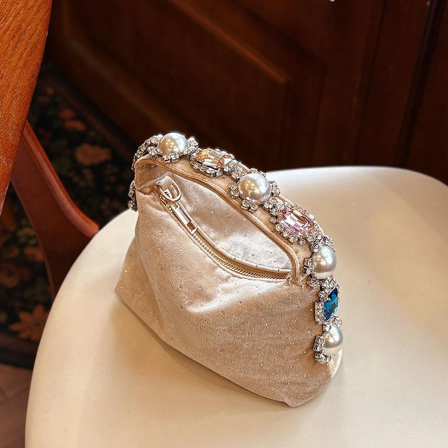 Luxury Pearls Dot Women's Bag Fashion Velvet Rhinestone Handbags Diamond Crystal Wedding Evening Bag Shoulder Crossbody Bags