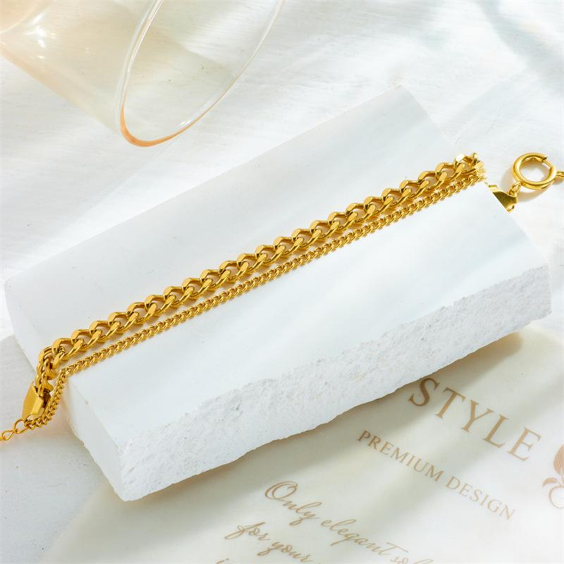 Gold Plated Double Layer Curb Chain Bracelet, Dainty Adjustable Miami Cuban Link for Women, Trendy Streetwear Jewelry