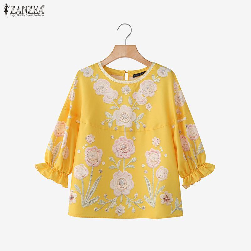 ZANZEA Camicetta Casual da Donna con Stampa Floreale, Girocollo, Manica 3/4