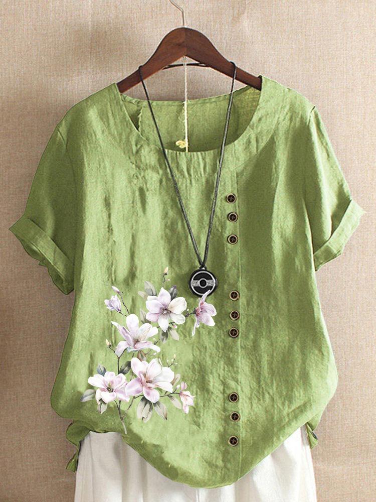 2026 Spring/Summer Printed Loose Fit Plus Size Women's Short Sleeve Pullover Shirt