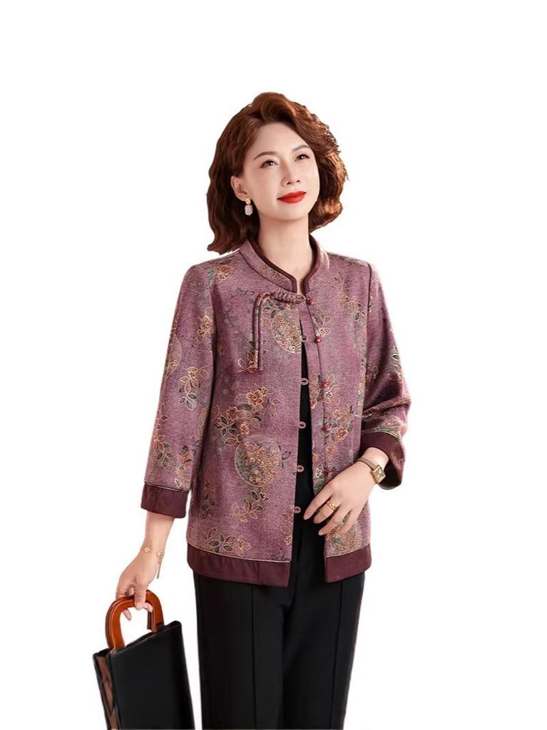 2026 Spring & Autumn Tang Suit Stand Collar Shirt for Middle-Aged & Elderly Women - Plus Size Chinese Style Mother's Wear