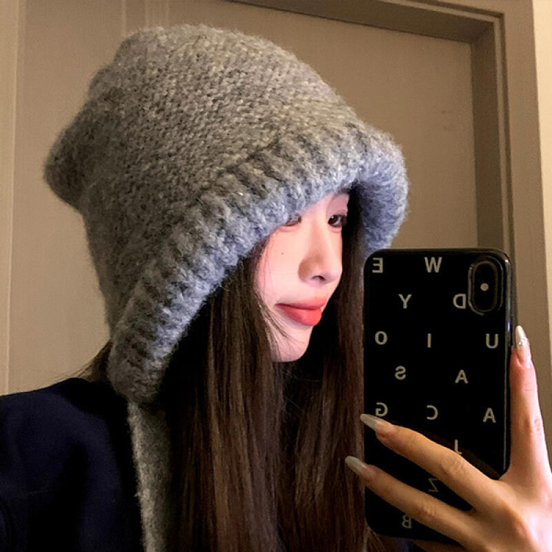Cloudy Thick Hooded Knit Beanie Balaclava Hat gray