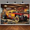 Stendardo 2D 1 pezzo tema garage retrò adatto per fotografia e decorazione festa - Hot rod rosso adatto per molte occasioni