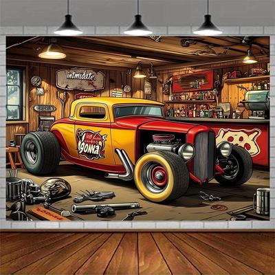 2D Banner 1 Piece Retro Garage Theme Suitable for Photography and Party Decoration - Red Hot Rod Suitable for Many Occasions