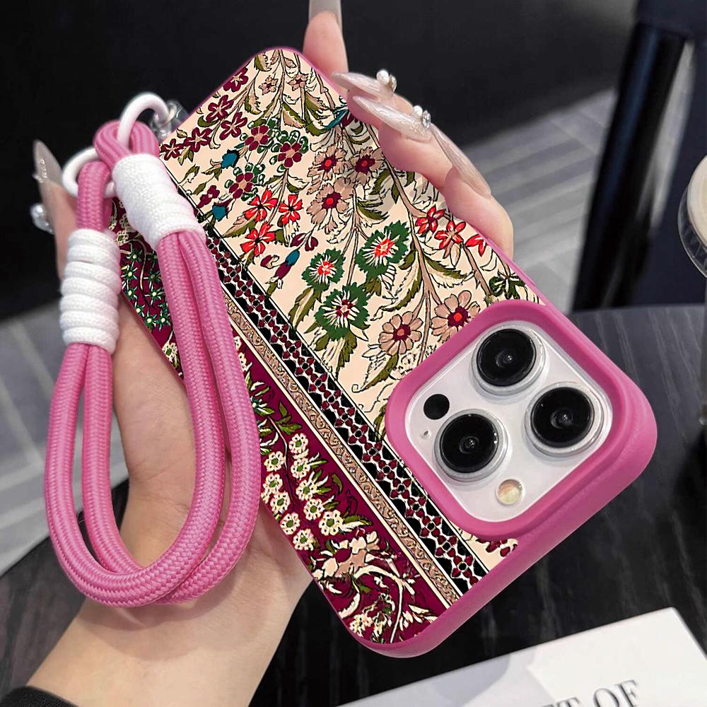 Vintage Persian Rug Pattern Protective Case For iPhone 15 14 17 Air 16 13 12 11 Pro Max Plus Litchi Texture Soft Cover Lanyard