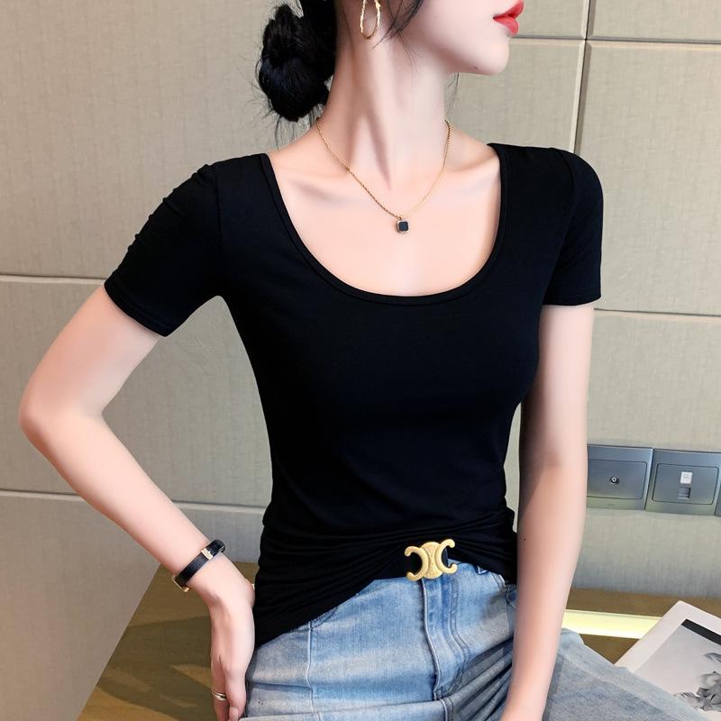 Women's Summer Modal Slim Fit Plus Size Black Short Sleeve T-Shirt
