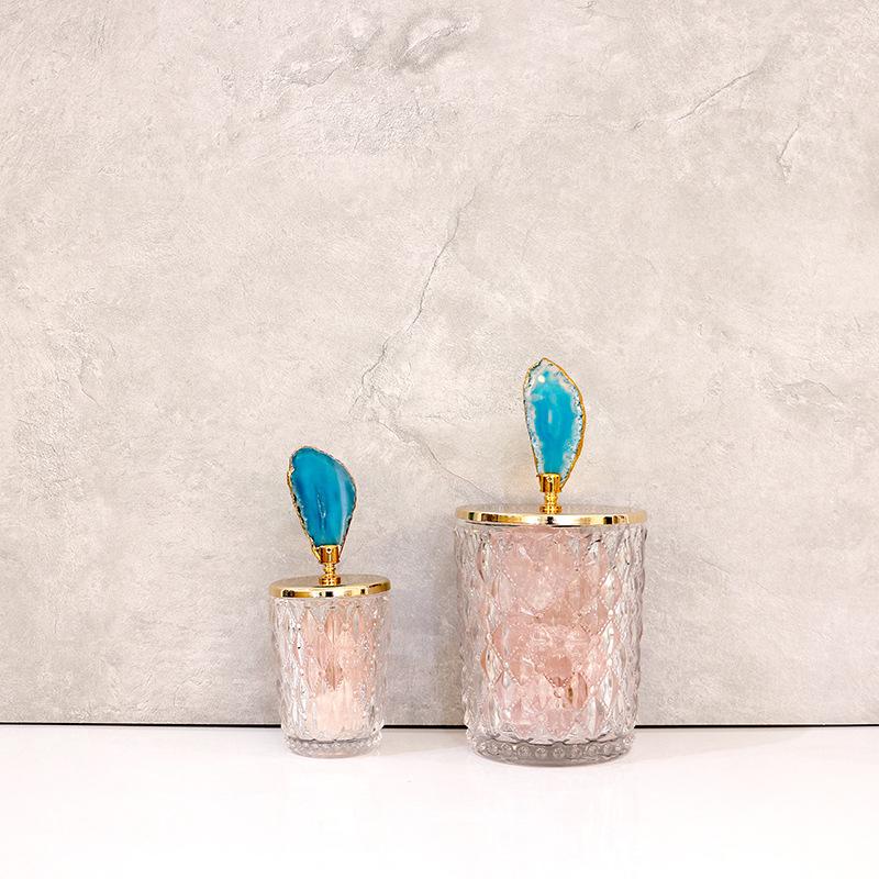 Glass Storage Jars Relief Tea Canister Candy Pot Natural Agate Stone Decorative Crystal Storage Jar with Cover Spice Organizer