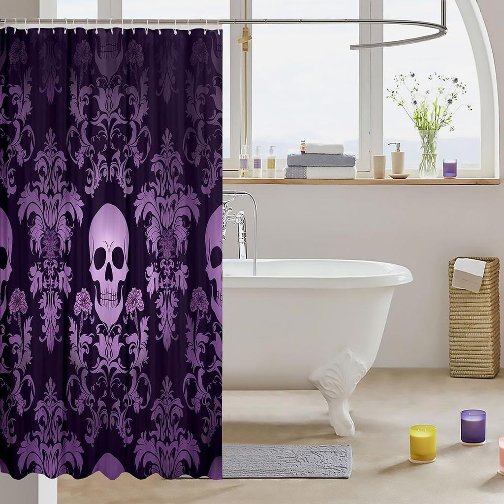 Adults Salmon Violet Damask Shower Curtain Antique Victorian Baroque Bath Curtain 72" Wx84 L,Vintage Floral Exotic Sugar Skull W