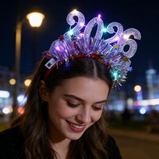 Hair Hoop 2026 Shiny Sequin Headband Elastic Festive Hairband with Plush Ribbons Colorful New Year Party Accessory