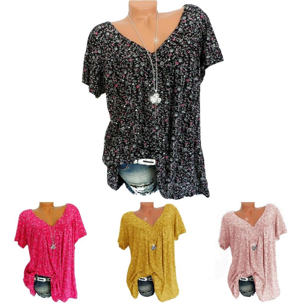 Stylish Women V Neck Floral Tee T-shirts With Plus Size Options For Summer Comfort