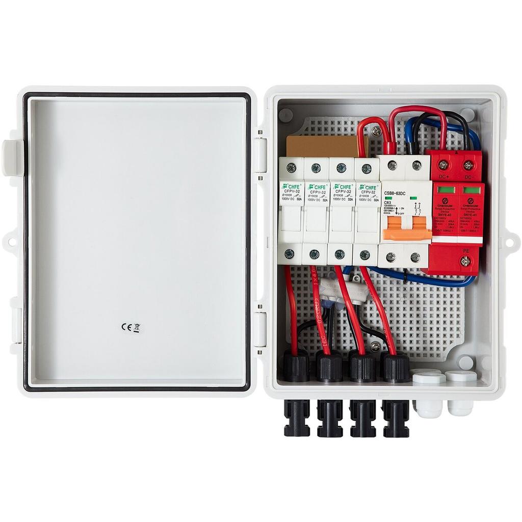 Caixa Combinadora Fotovoltaica, 4 Strings, Caixa Combinadora Solar com Fusível de Corrente Nominal de 15A, Disjuntor de 63A, Protetor contra Surtos e Conector Solar, para Ligar / Desligar