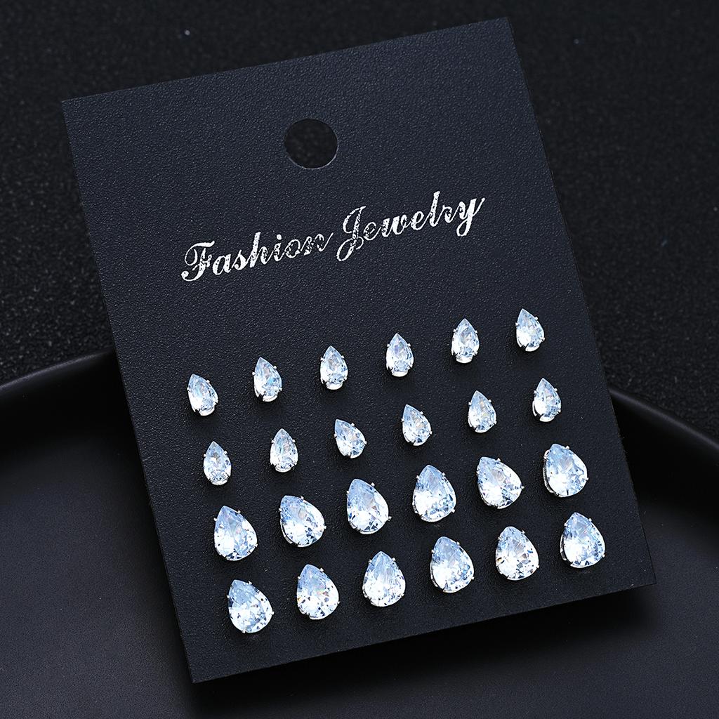 24 Pcs Shiny Zircon Stud Earrings Set for Women Daily Versatile Chic Silver Color Crystal Water Drop Ear Jewelry Accessories New